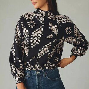 Anthropologie The Beatriz Mock Neck Sweater XL Geometric Navy Cream Soft Boho*